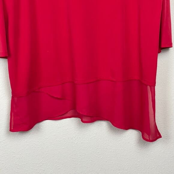 Chico’s Red Tunic Top Size XL (3) Jersey Knit 3/4 Sleeve Chiffon Hem Mixed Media - Picture 2 of 7